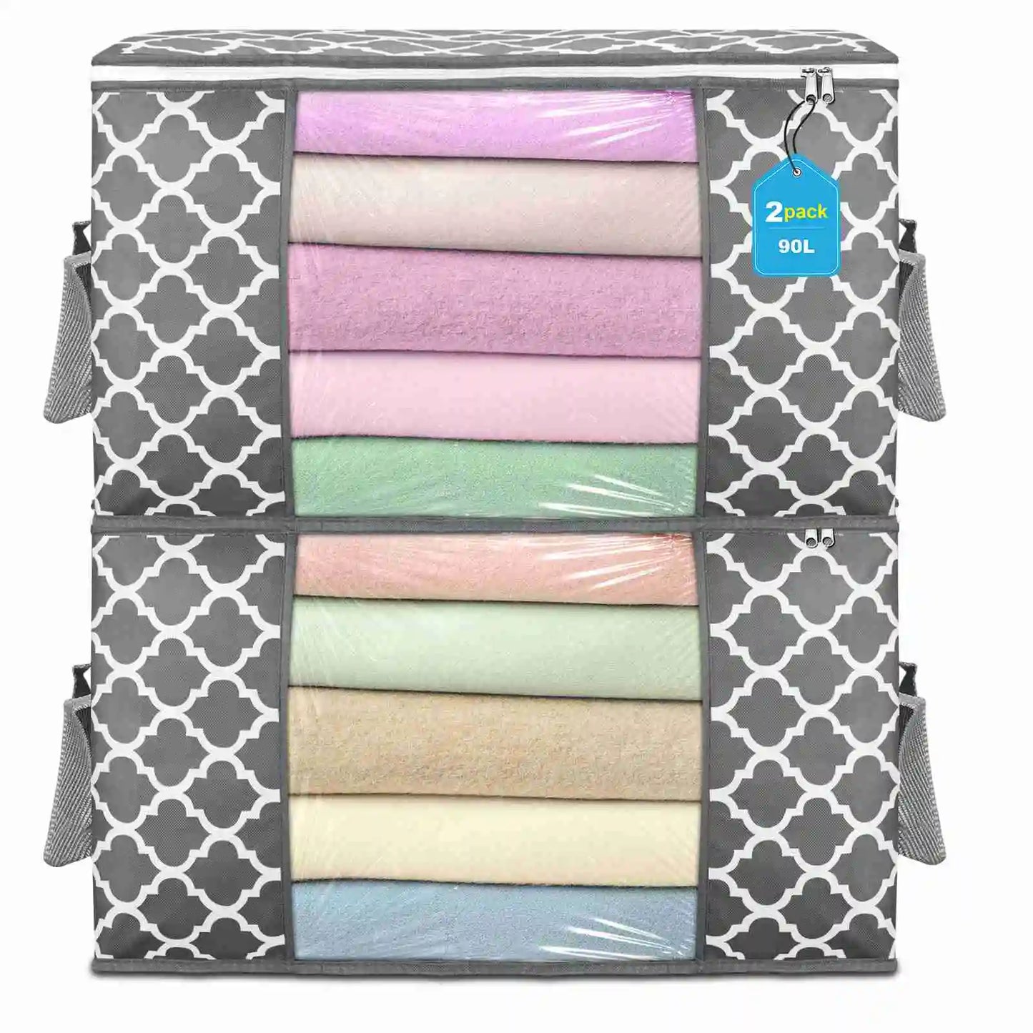 Clothes storage bag printed with 2 pieces of gray color for storing clothes, blankets, toys, bedding