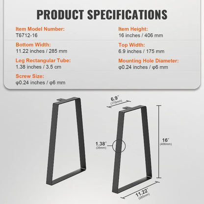 16 inch Trapezoid Steel Table Legs Replacement