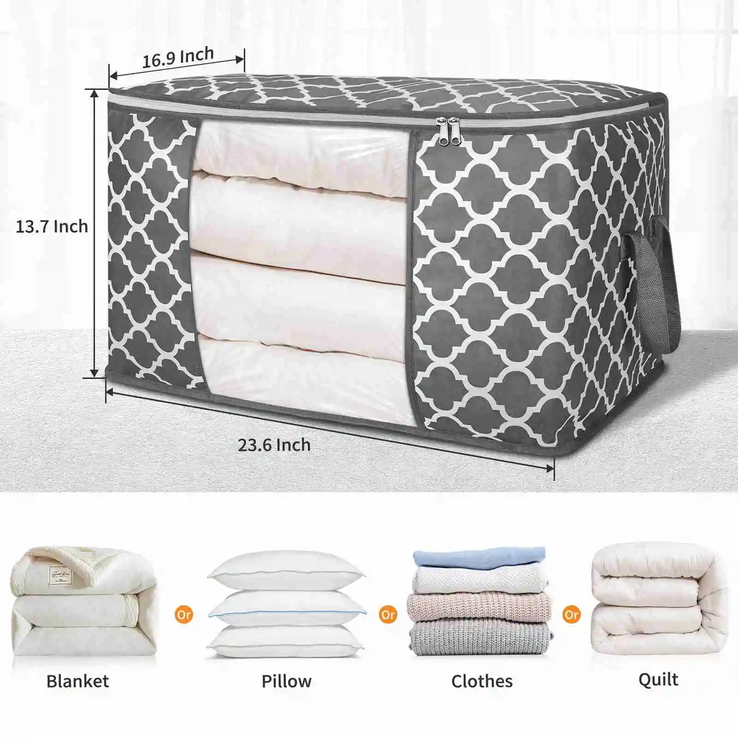Clothes storage bag printed with 2 pieces of gray color for storing clothes, blankets, toys, bedding